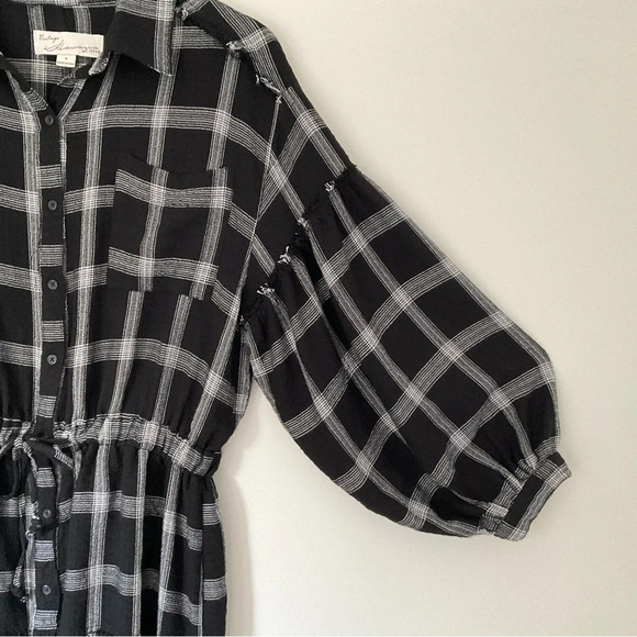 Vintage Havana Dress S Black White Plaid Puff Sleeve Raw HemTie Waist Oversized - Picture 5 of 12